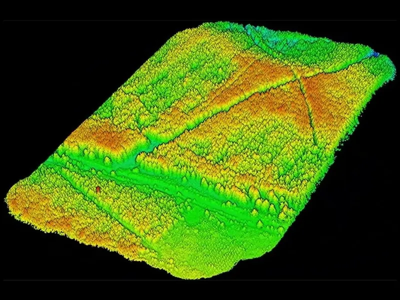 The same forest point cloud, coloured by height from green to red.
