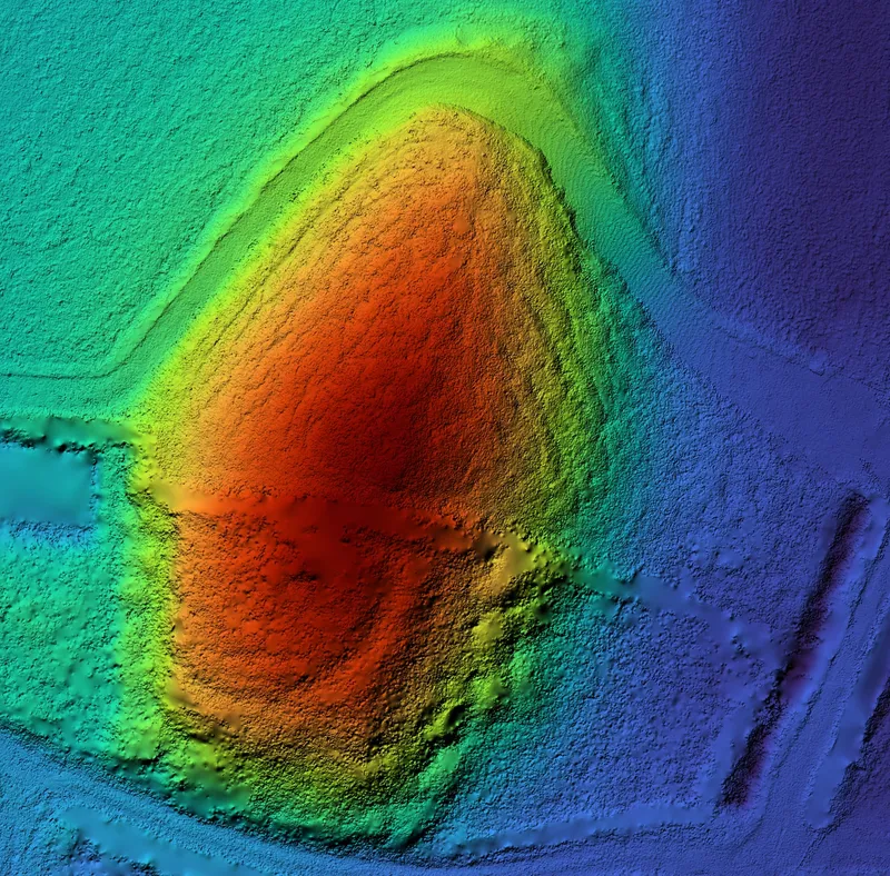 LiDAR terrain model of a mound with the trees removed, coloured by height.