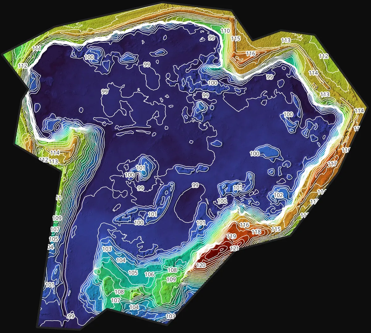 Contour map of the same quarry, with 1 m contour lines over the height model.