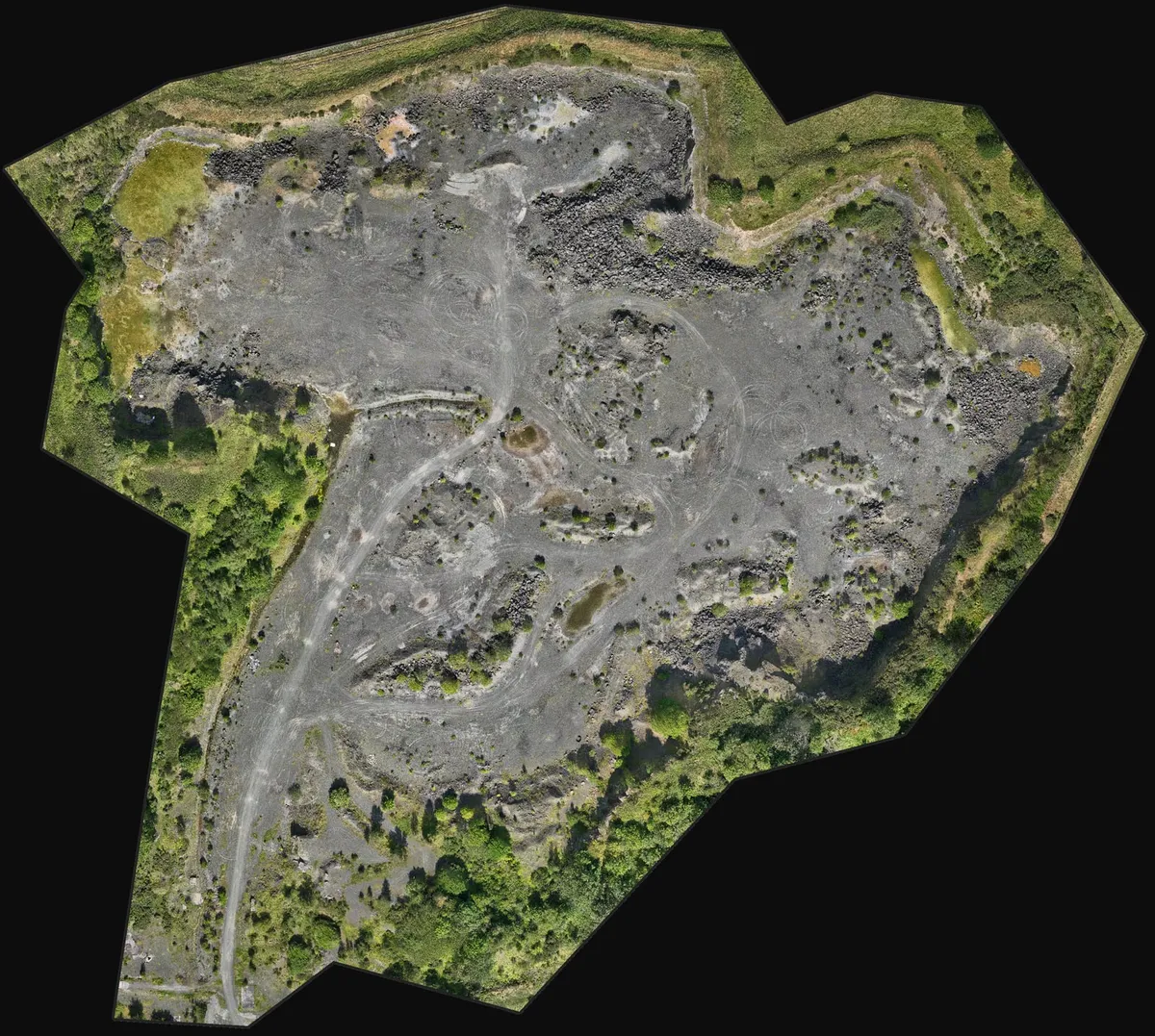 Drone map of a disused quarry, stitched together from overlapping photos.