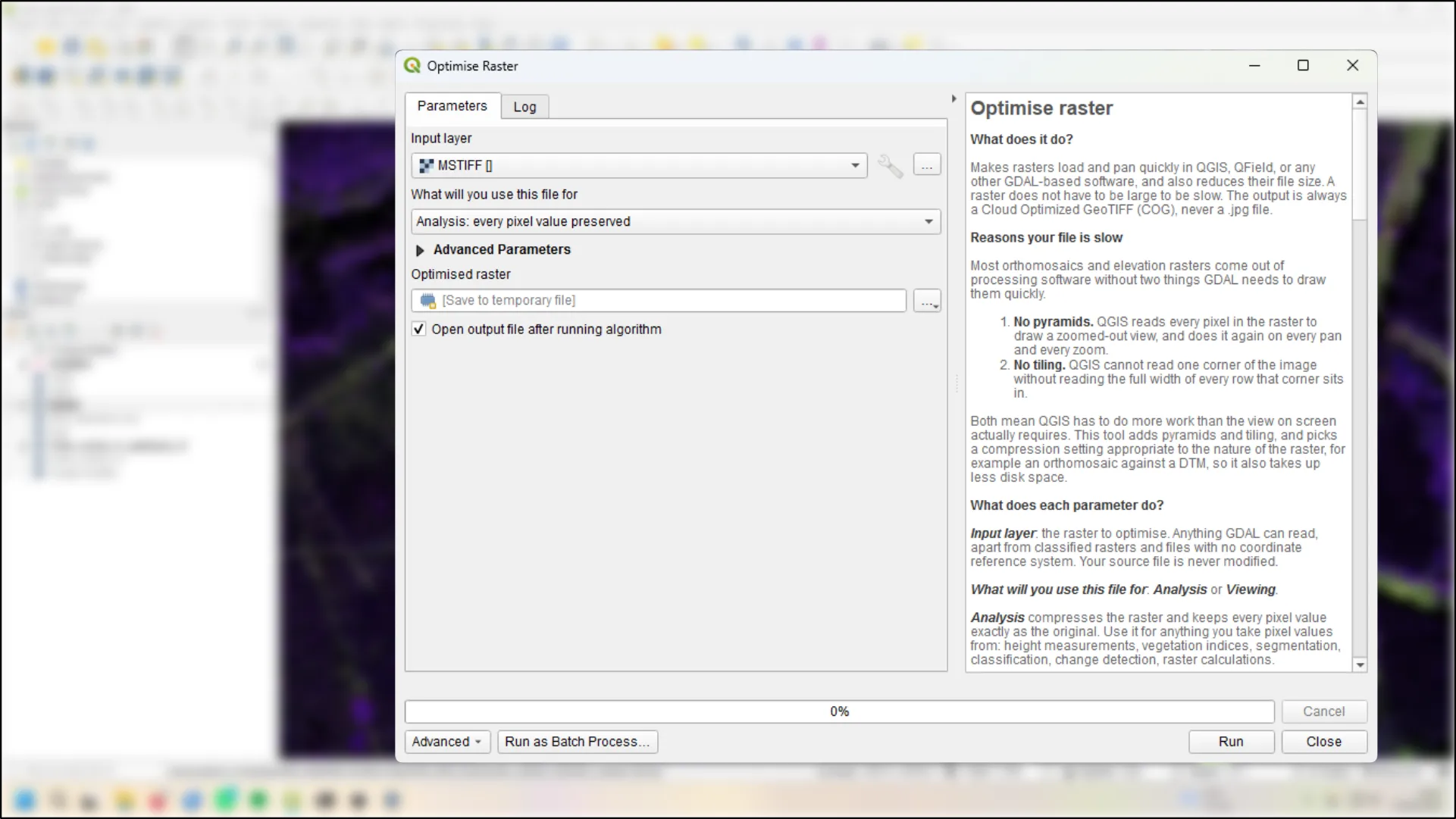 The Raster Optimiser window open in QGIS, with its settings on the left and a plain-English explanation on the right.
